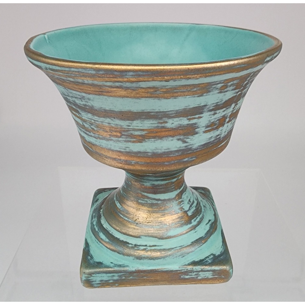 Stangl Pottery Planter Urn Turquoise Gold Ceramic Pedestal Vase EXC Vintage